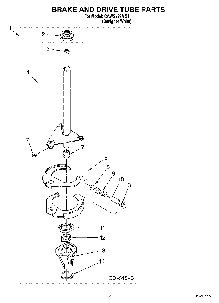 BRAKE AND DRIVE TUBE PARTS Diagram and Parts List for CAWS729MQ1  Crosley Washer