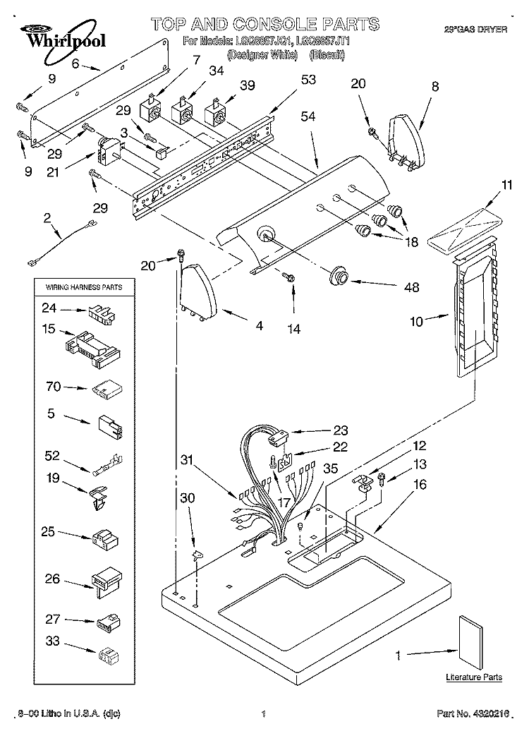 TOP AND CONSOLE, LIT/OPTIONAL Diagram and Parts List for LGQ8857JQ1  Whirlpool Dryer