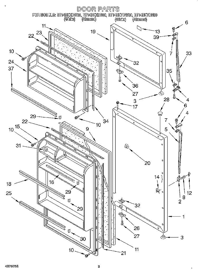 DOOR Diagram and Parts List for RT14DKYDN00  Roper Refrigerator