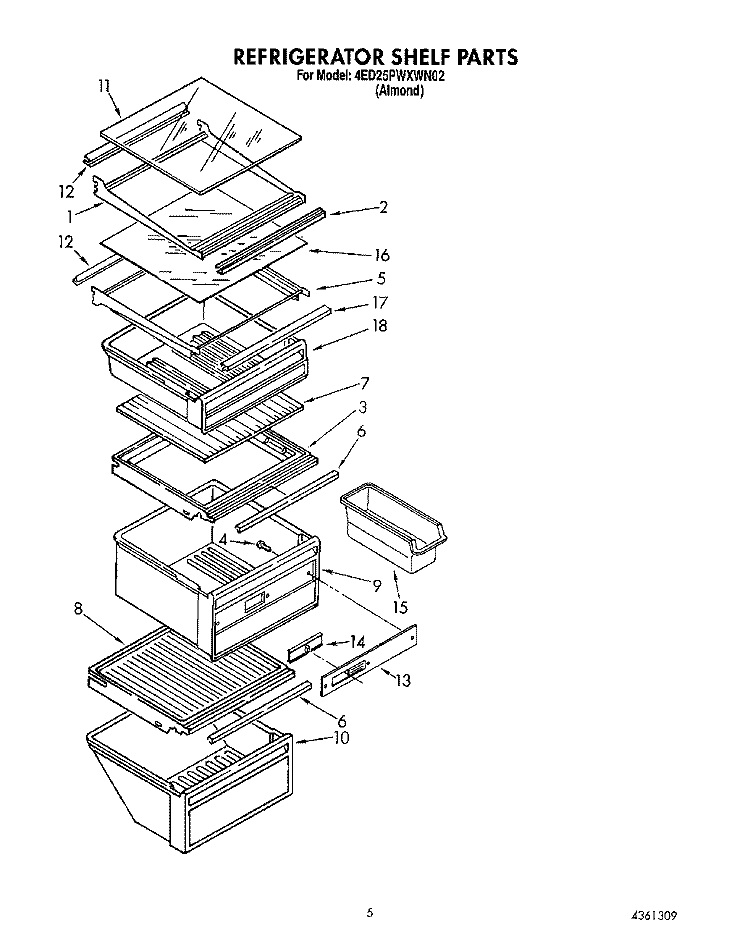 REFRIGERATOR SHELF Diagram and Parts List for 4ED25PWXWN02  Whirlpool Refrigerator