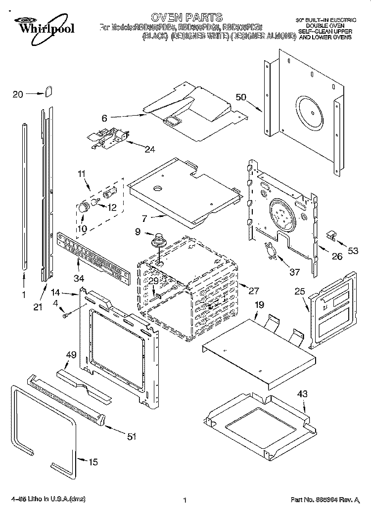 OVEN Diagram and Parts List for RBD306PDB6  Whirlpool Wall Oven