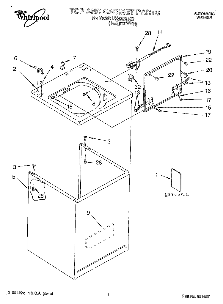 TOP AND CABINET, LITERATURE Diagram and Parts List for LSQ8520JQ0  Whirlpool Washer