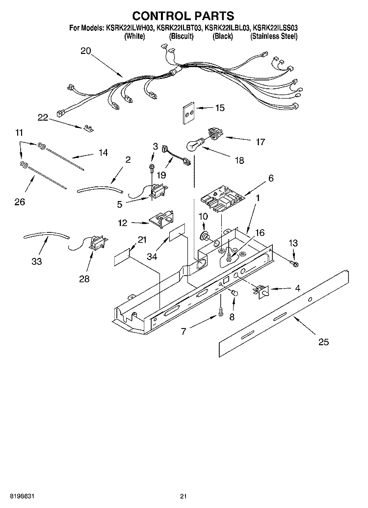 CONTROL PARTS, PARTS NOT ILLUSTRATED Diagram and Parts List for KSRK22ILBT03  KitchenAid Refrigerator