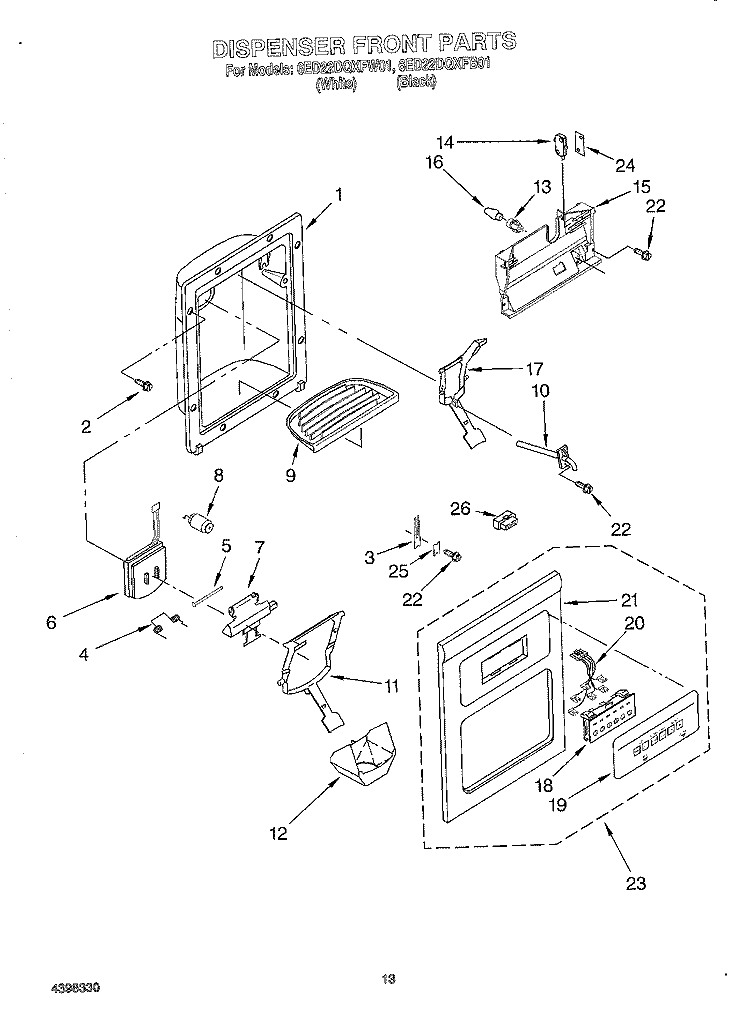 DISPENSER FRONT Diagram and Parts List for 6ED22DQXFW01  Whirlpool Refrigerator