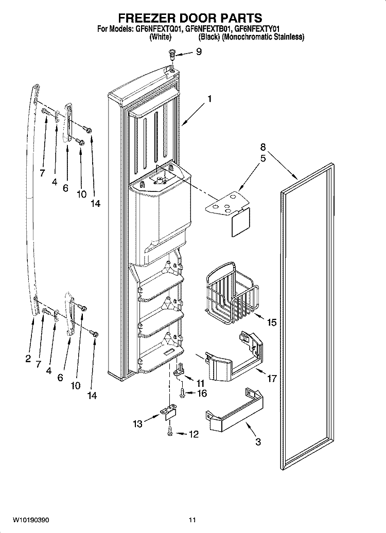 FREEZER DOOR PARTS Diagram and Parts List for GF6NFEXTY01  Whirlpool Refrigerator