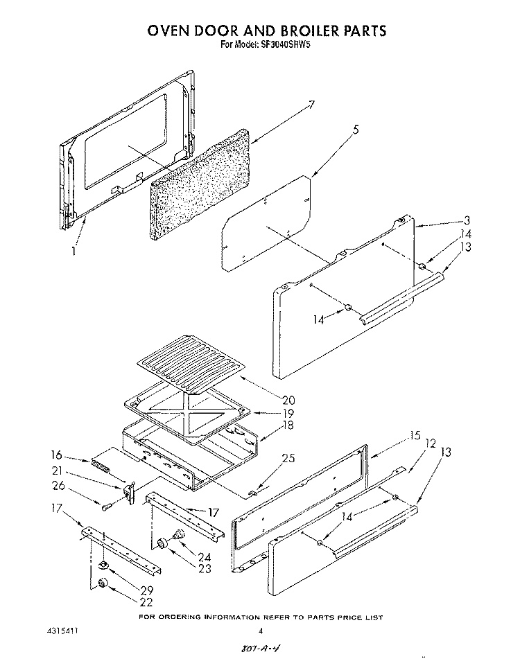 OVEN DOOR AND BROILER Diagram and Parts List for SF3040SRW5  Whirlpool Range