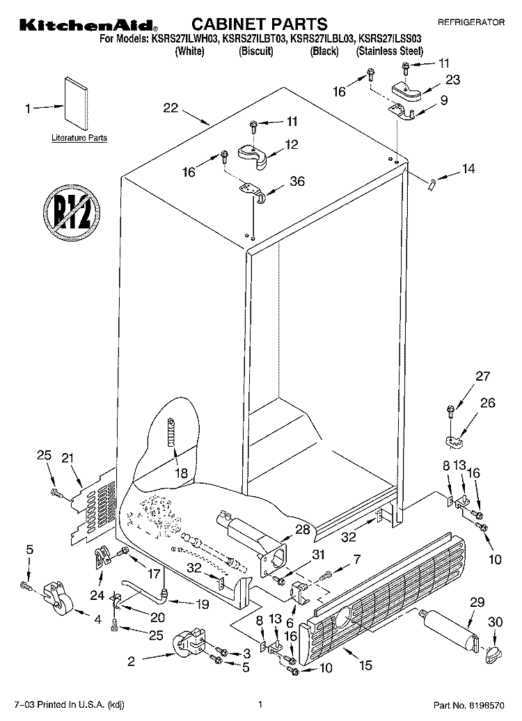 CABINET PARTS Diagram and Parts List for KSRS27ILSS03  KitchenAid Refrigerator