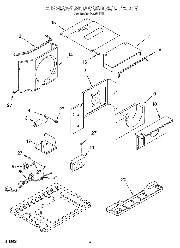AIRFLOW AND CONTROL Diagram and Parts List for RAR81K0  Whirlpool Air Conditioner