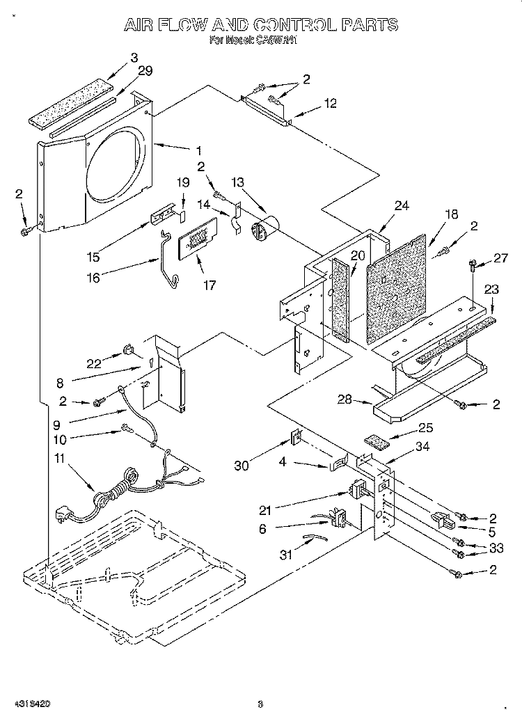 AIR FLOW AND CONTROL Diagram and Parts List for CA8WR41  Crosley Air Conditioner