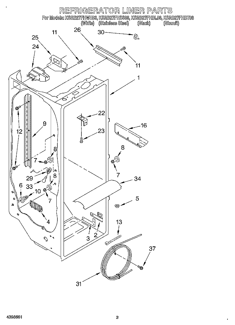 REFRIGERATOR LINER Diagram and Parts List for KSRB27FHBT03  KitchenAid Refrigerator