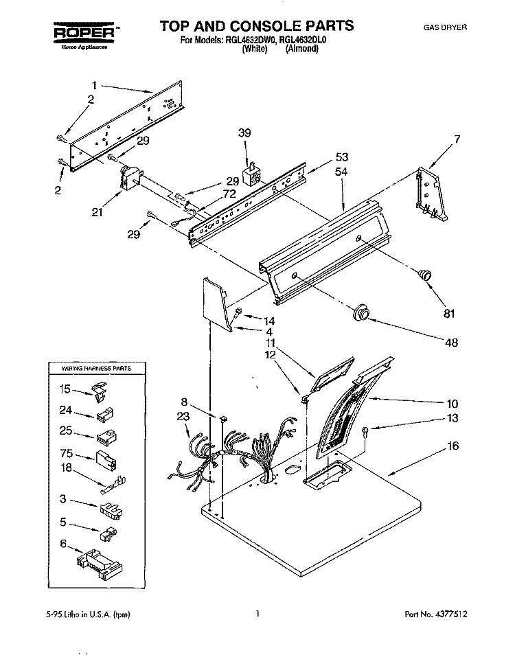 TOP AND CONSOLE, LIT/OPTIONAL Diagram and Parts List for RGL4632DL0  Roper Dryer