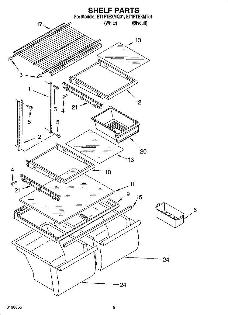 SHELF PARTS, OPTIONAL PARTS Diagram and Parts List for ET1FTEXMT01  Whirlpool Refrigerator