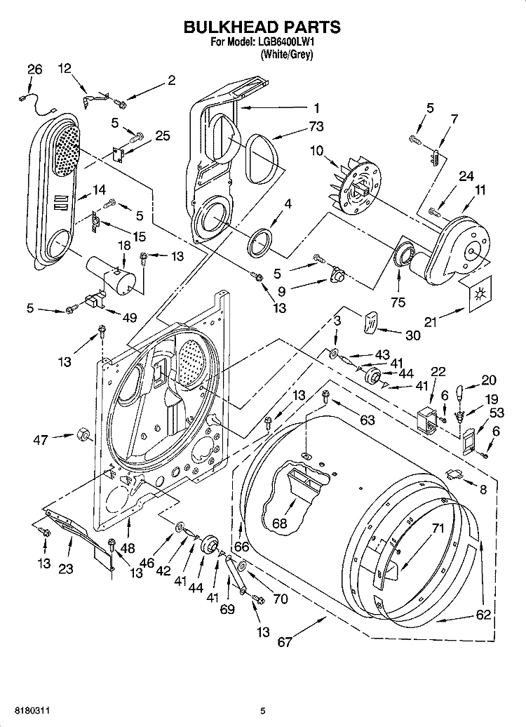 BULKHEAD PARTS Diagram and Parts List for LGB6400LW1  Whirlpool Dryer