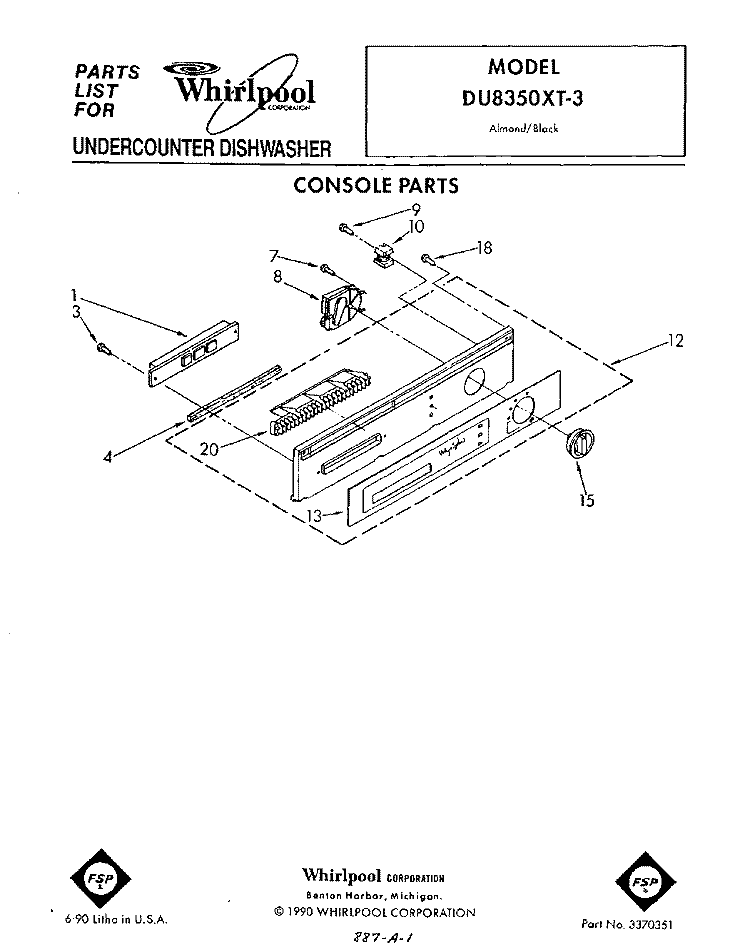 CONSOLE Diagram and Parts List for DU8350XT3  Whirlpool Dishwasher