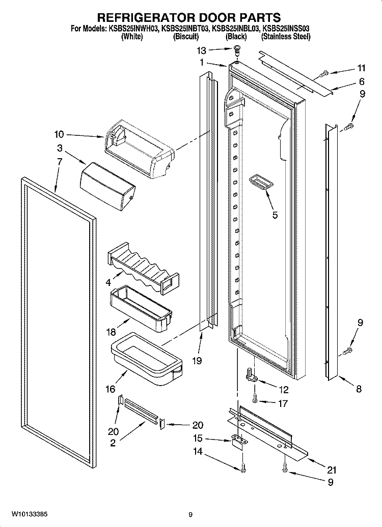 REFRIGERATOR DOOR PARTS Diagram and Parts List for KSBS25INBL03  KitchenAid Refrigerator