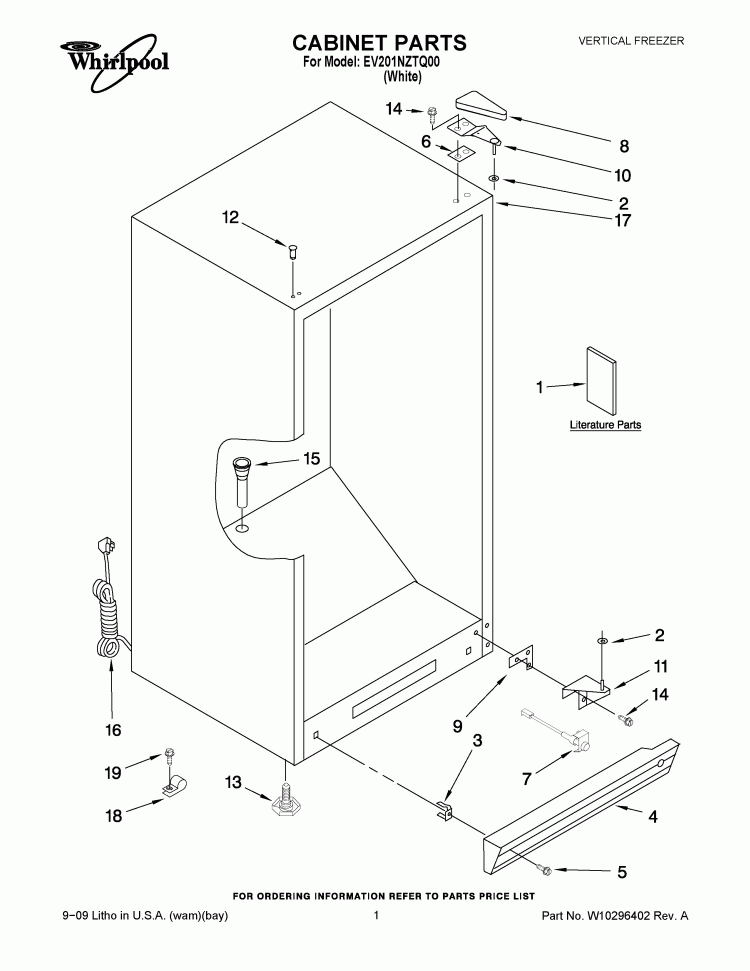CABINET PARTS Diagram and Parts List for EV201NZTQ00  Whirlpool Freezer