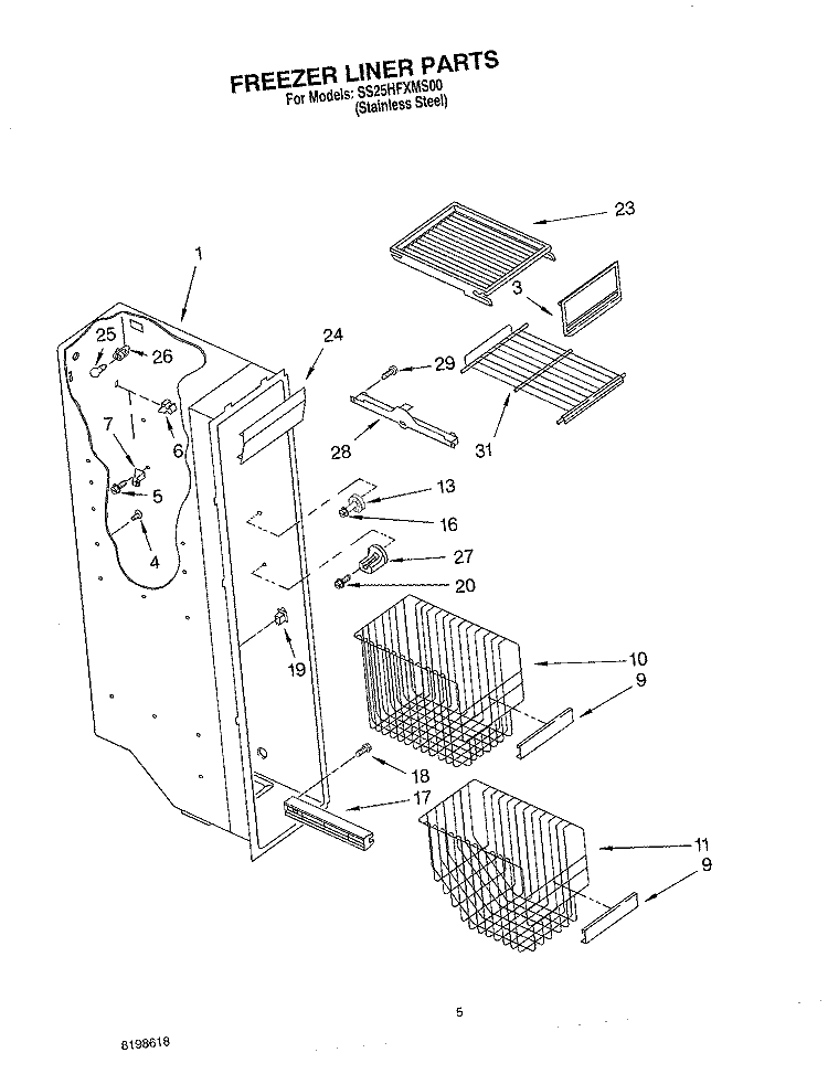 FREEZER LINER PARTS Diagram and Parts List for SS25HFXMS00  Whirlpool Refrigerator