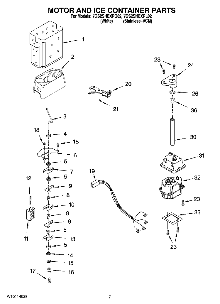 MOTOR AND ICE CONTAINER PARTS Diagram and Parts List for 7GS2SHEXPQ02  Whirlpool Refrigerator