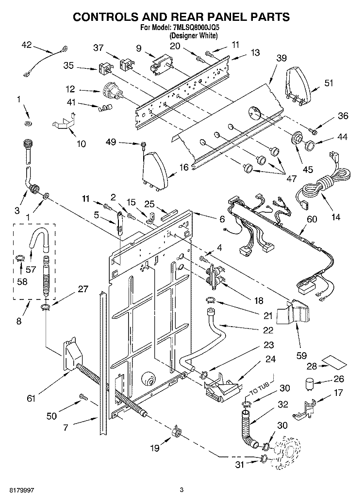 CONTROLS AND REAR PANEL PARTS Diagram and Parts List for 7MLSQ8000JQ5  Whirlpool Washer