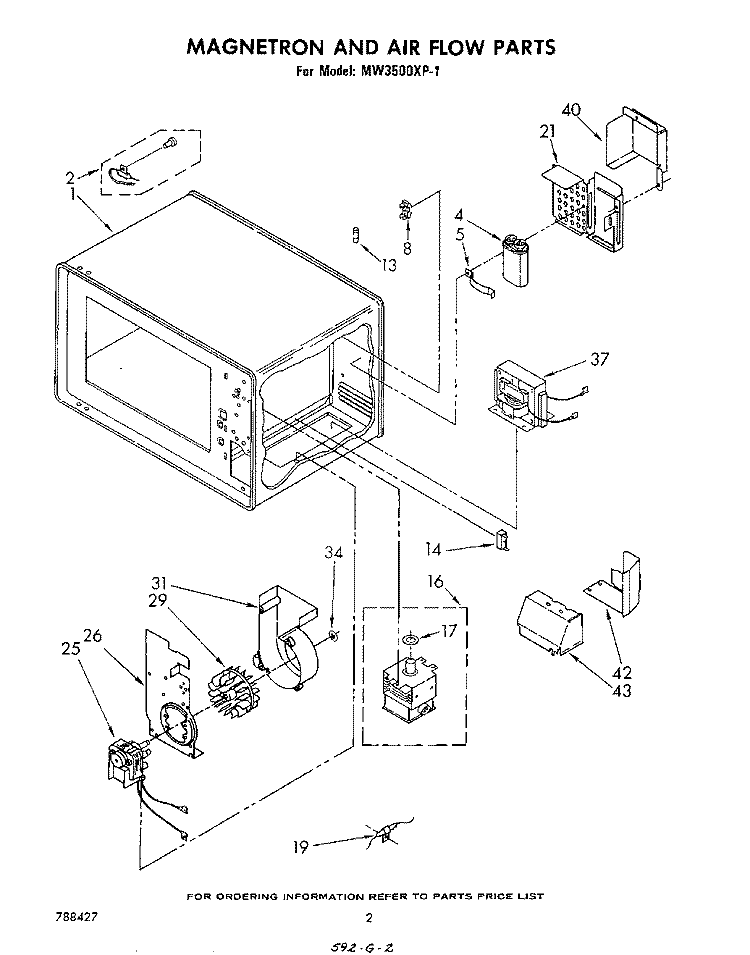 MAGNETRON AND AIR FLOW Diagram and Parts List for MW3500XP1  Whirlpool Microwave