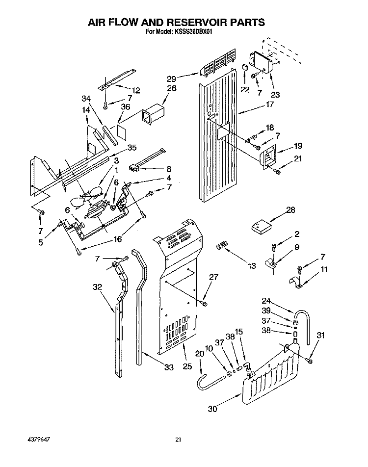 AIR FLOW AND RESERVOIR Diagram and Parts List for KSSS36DBX01  KitchenAid Refrigerator