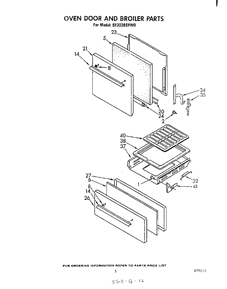 OVEN DOOR AND BROILER Diagram and Parts List for SF3020SPW0  Whirlpool Range
