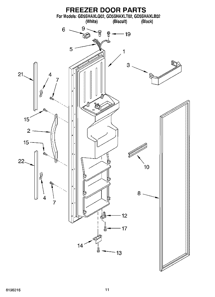 FREEZER DOOR PARTS Diagram and Parts List for GD5SHAXLT02  Whirlpool Refrigerator