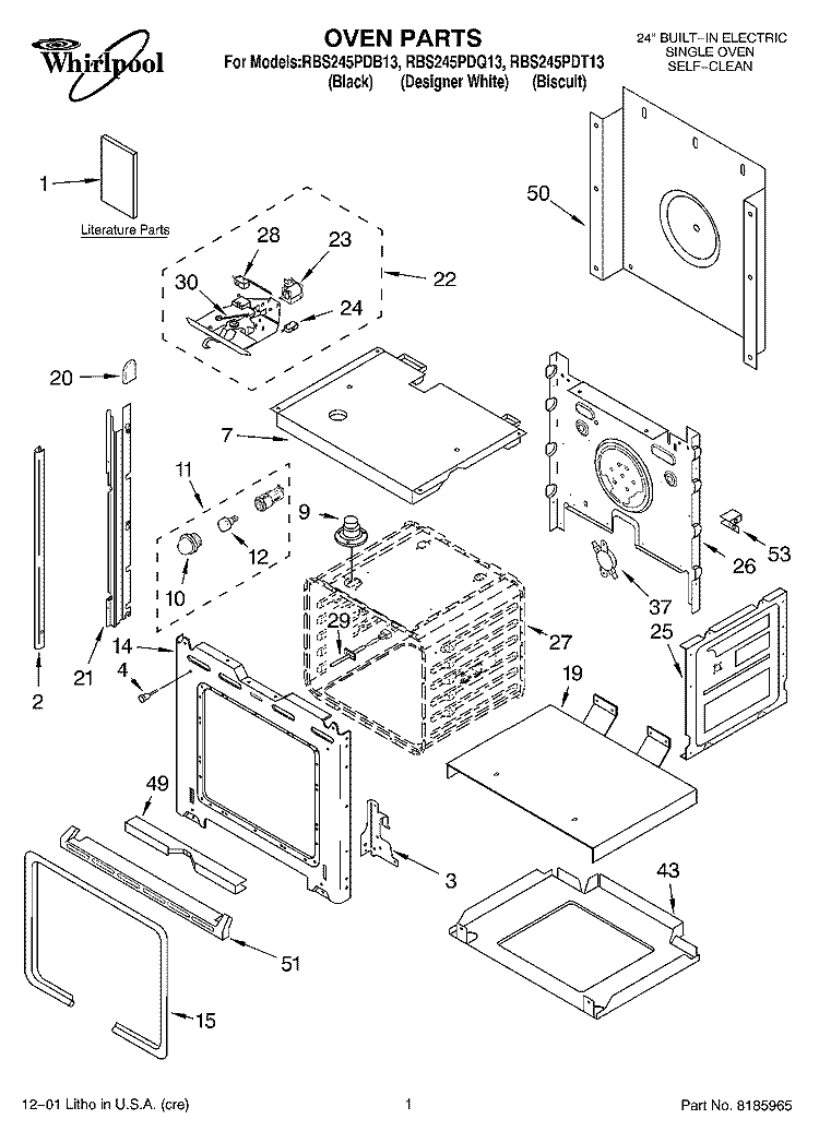 OVEN, LITERATURE Diagram and Parts List for RBS245PDB13  Whirlpool Wall Oven