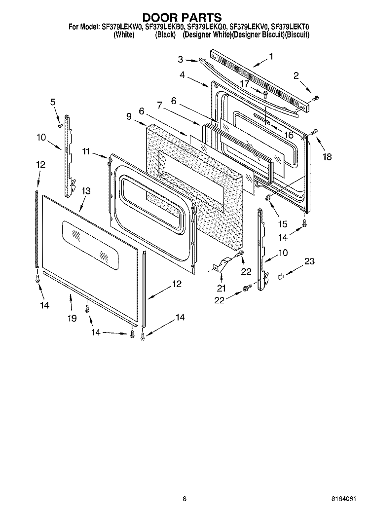 DOOR, OPTIONAL Diagram and Parts List for SF379LEKV0  Whirlpool Range