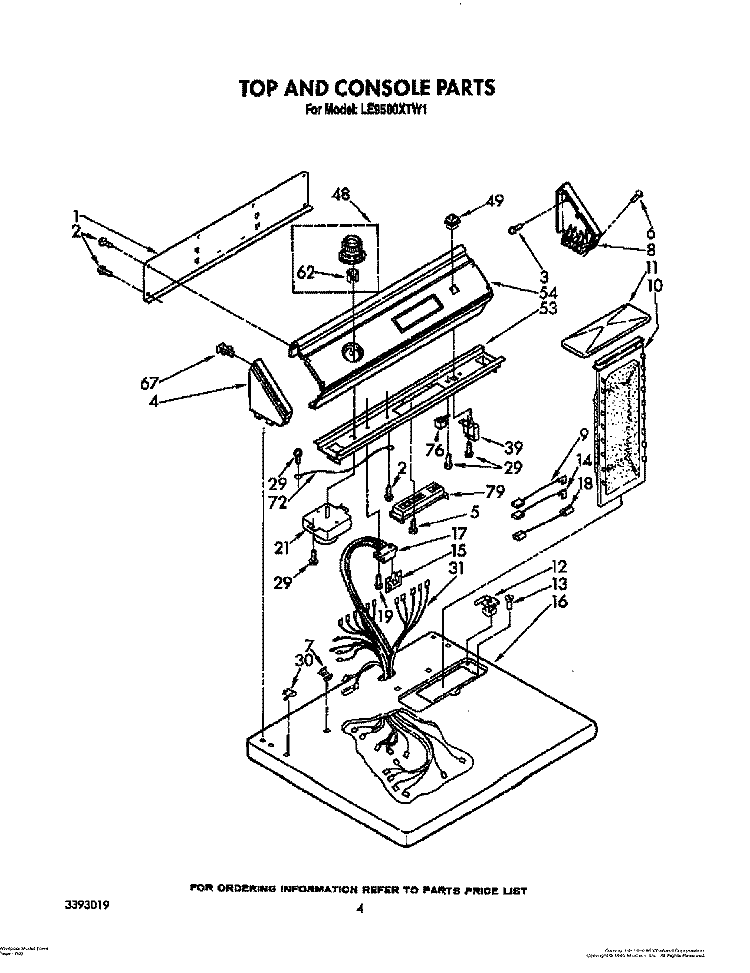 TOP AND CONSOLE PARTS Diagram and Parts List for LE9500XTN1  Whirlpool Dryer