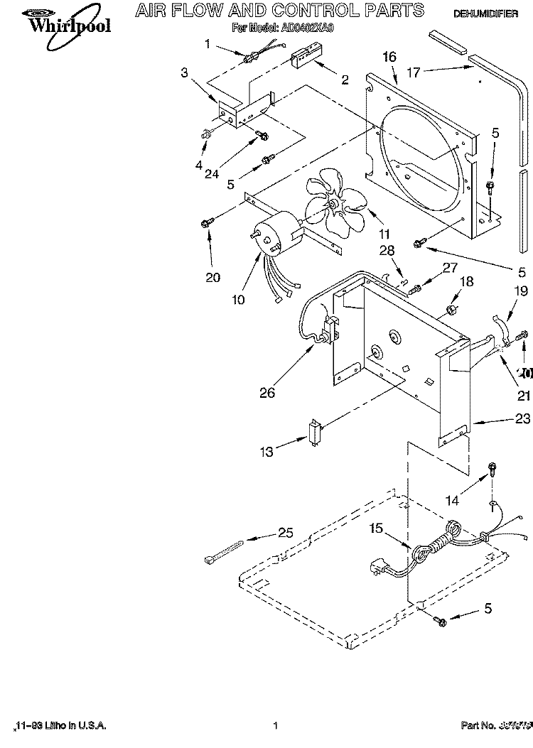 SECTION Diagram and Parts List for AD0402XA0  Whirlpool Dehumidifier