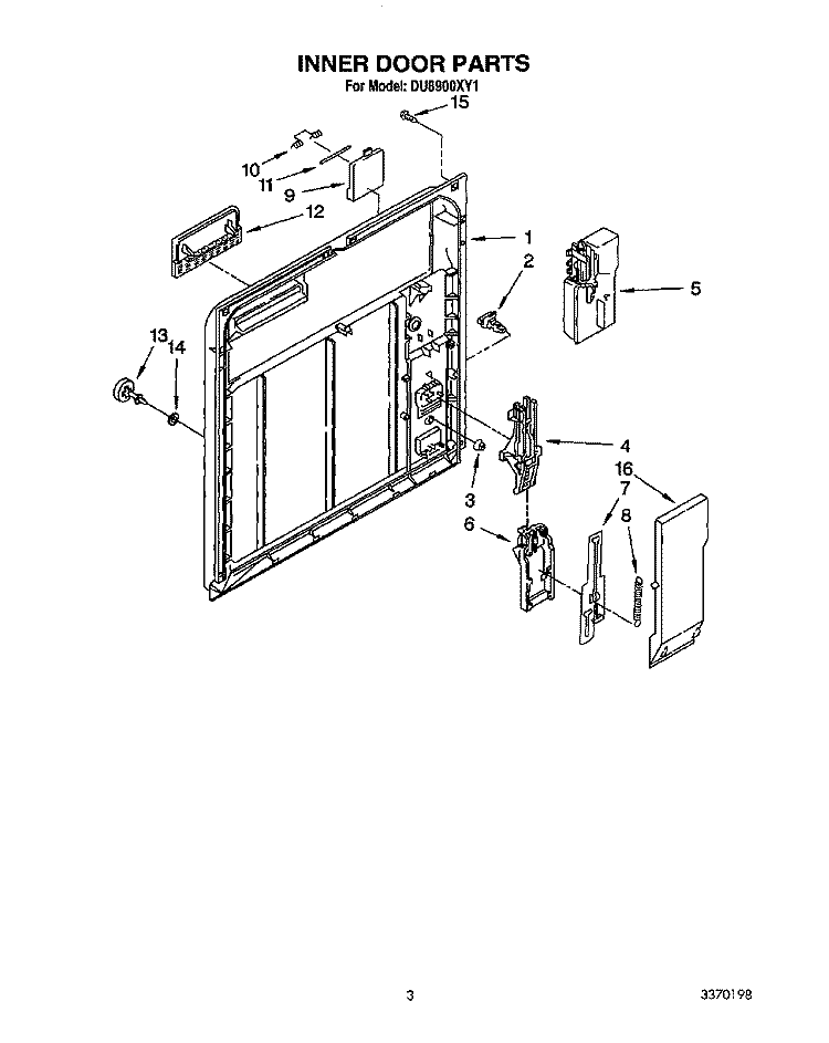 INNER DOOR Diagram and Parts List for DU8900XY1  Whirlpool Dishwasher