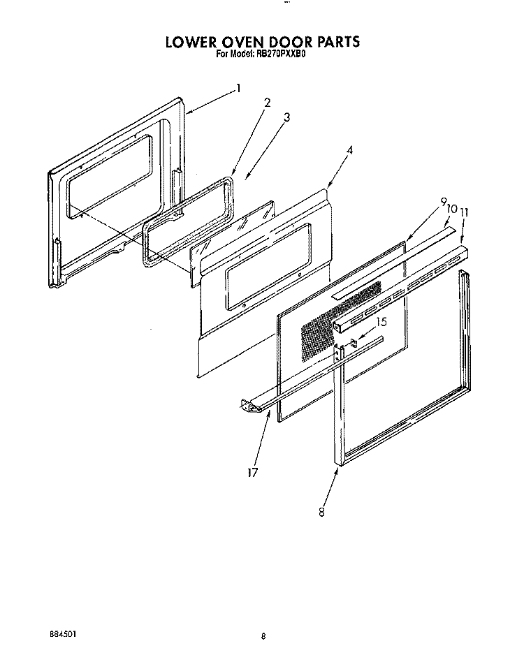 LOWER OVEN DOOR, OPTIONAL Diagram and Parts List for RB270PXXW0  Whirlpool Wall Oven