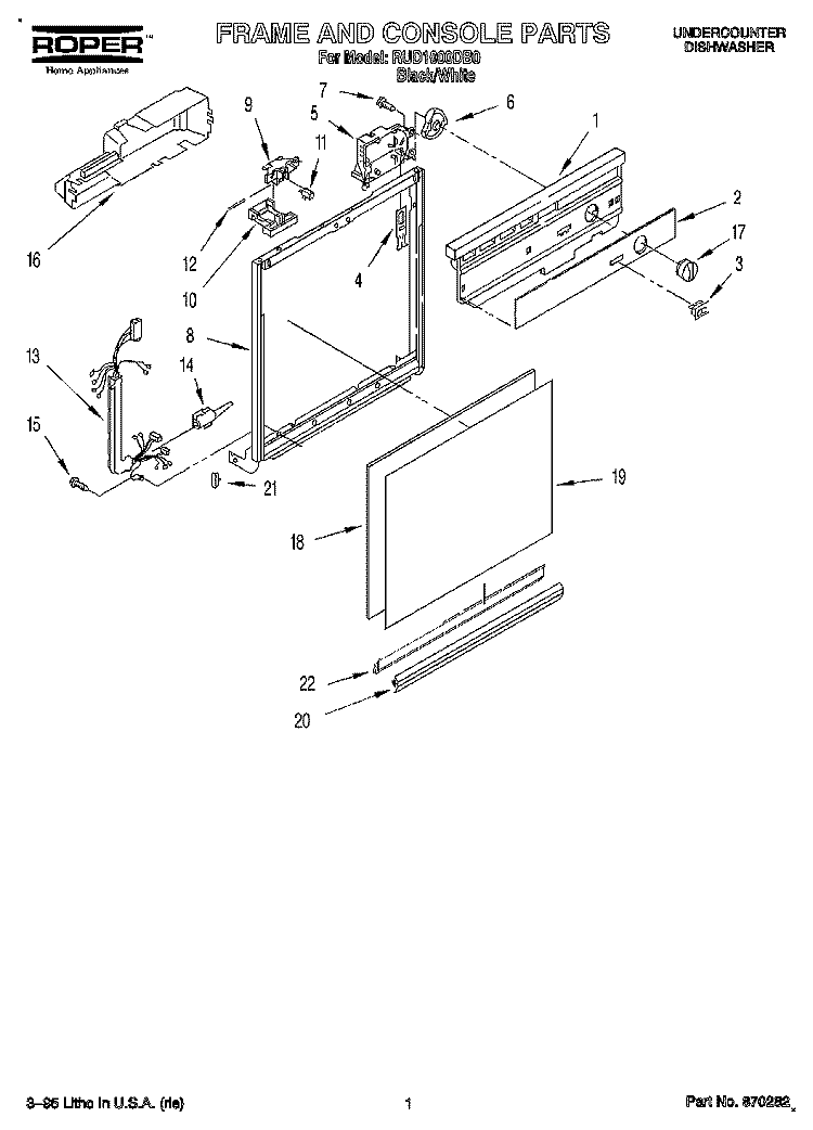 FRAME AND CONSOLE Diagram and Parts List for RUD1000DB0  Roper Dishwasher