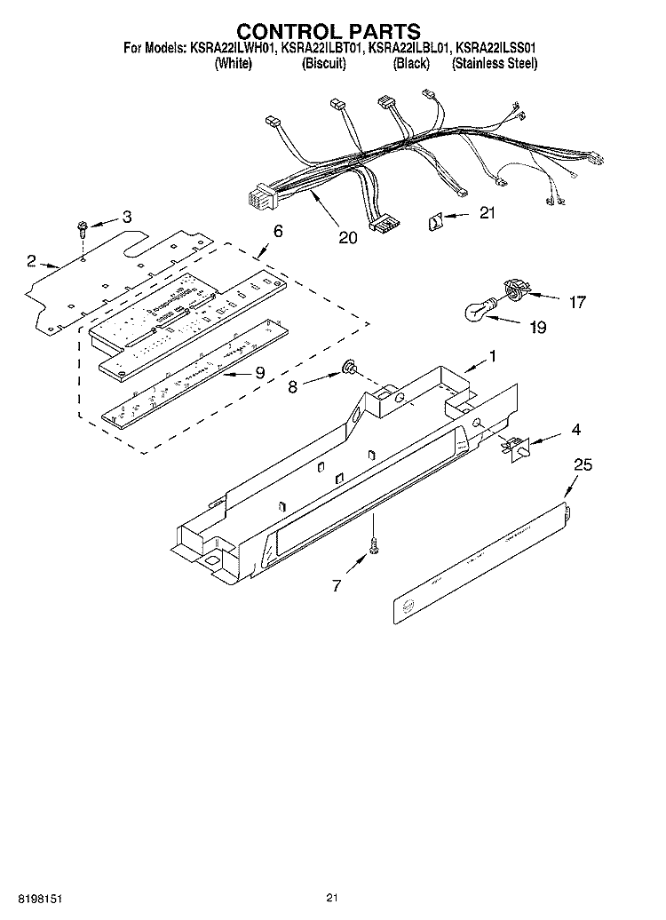 CONTROL PARTS, PARTS NOT ILLUSTRATED Diagram and Parts List for KSRA22ILBL01  KitchenAid Refrigerator