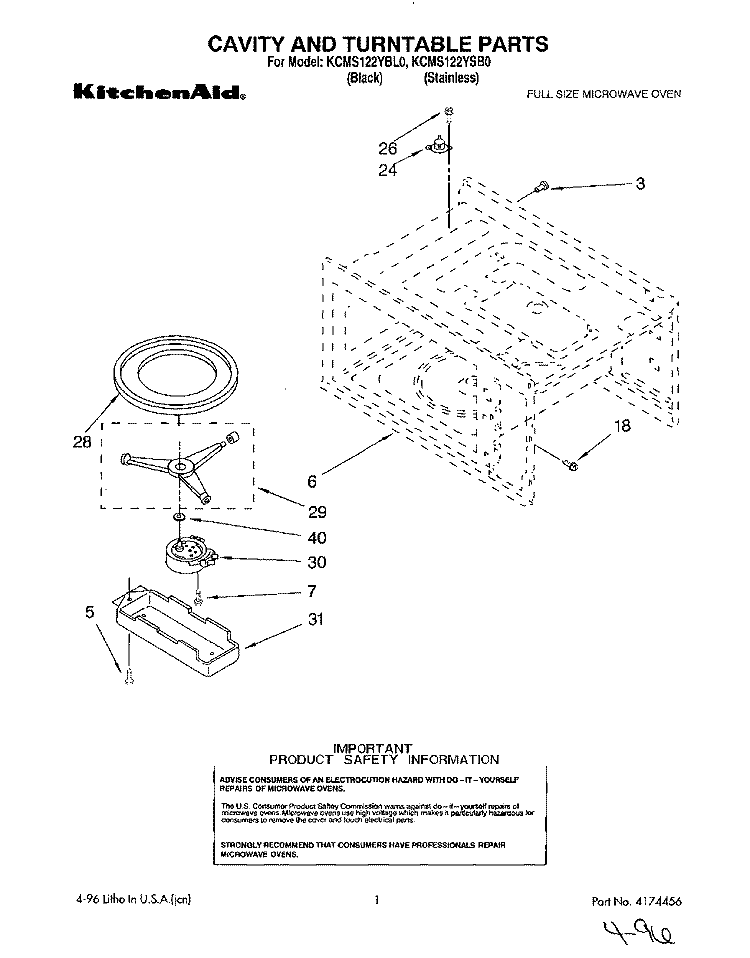 CAVITY AND TURNTABLE Diagram and Parts List for KCMS122YBL0  KitchenAid Microwave
