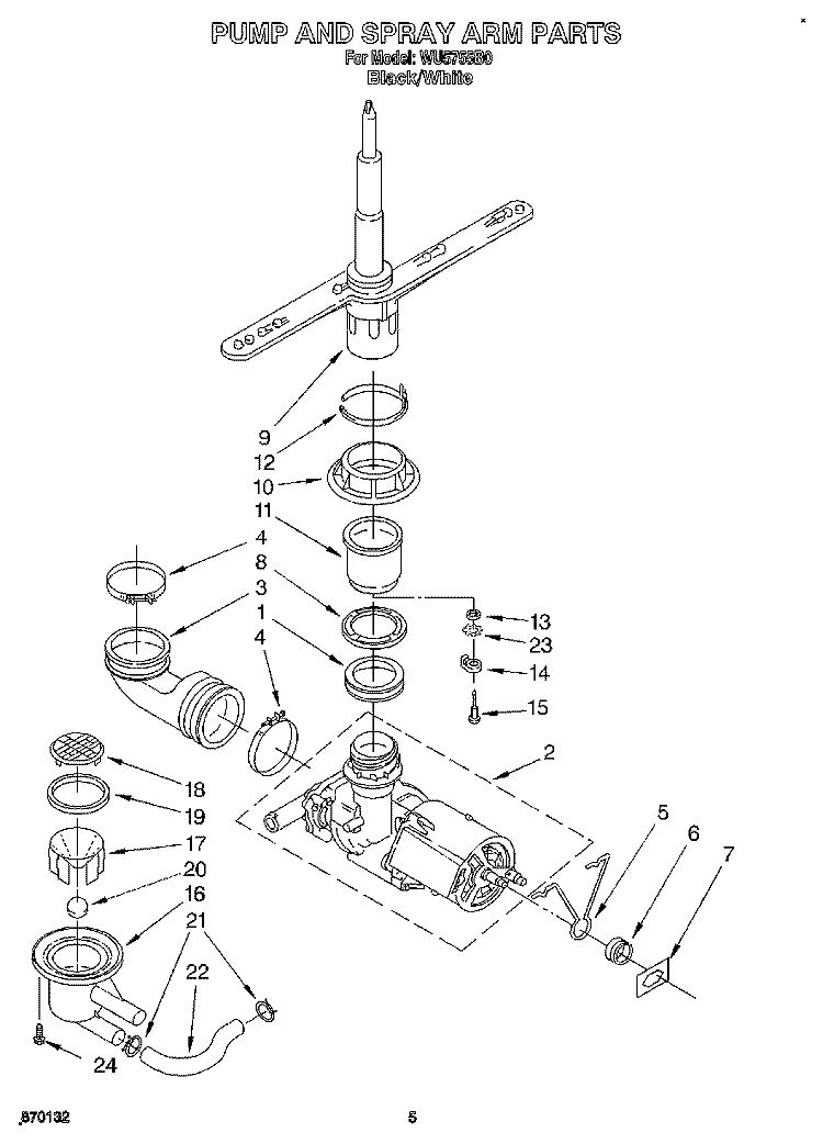 PUMP AND SPRAY ARM Diagram and Parts List for WU5755B0  Roper Dishwasher