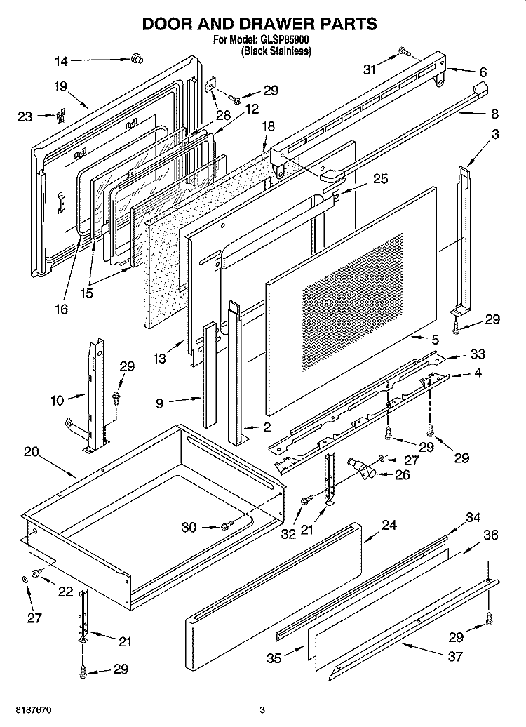 DOOR AND DRAWER PARTS Diagram and Parts List for GLSP85900  Whirlpool Range