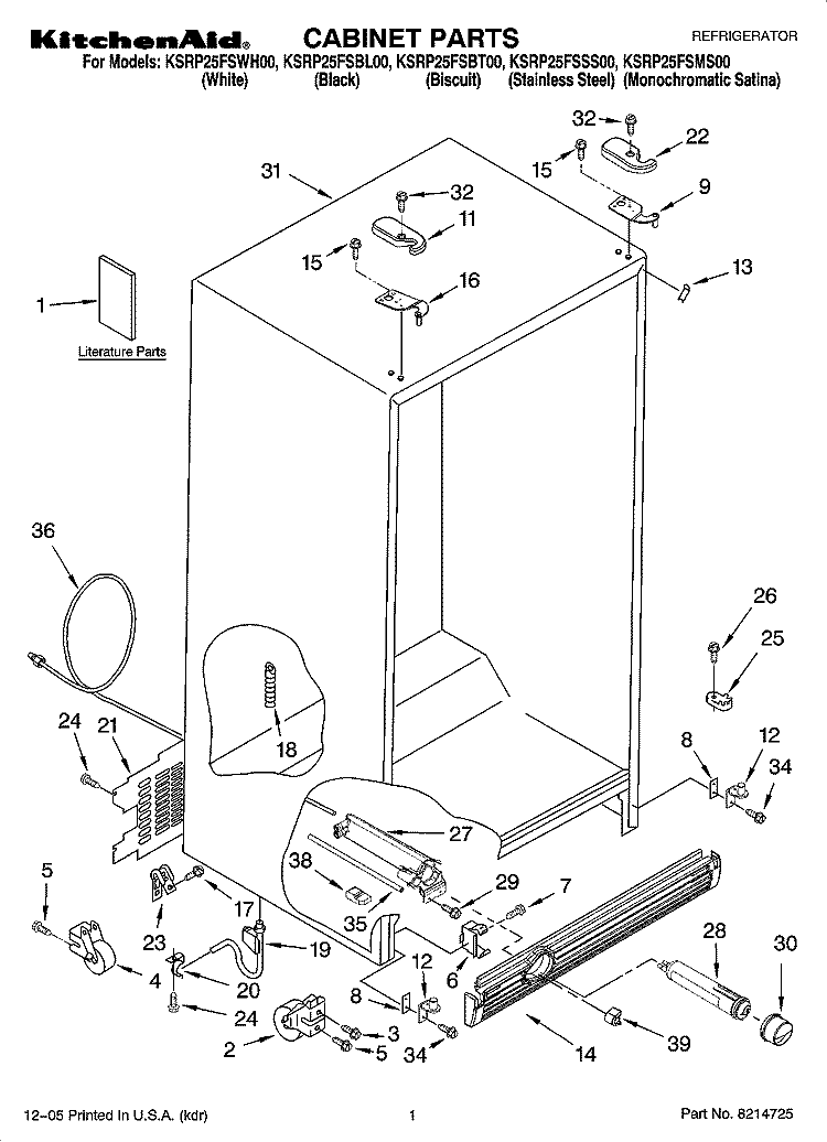 CABINET PARTS Diagram and Parts List for KSRP25FSBL00  KitchenAid Refrigerator