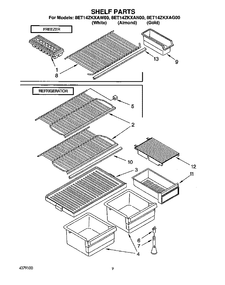 SHELF Diagram and Parts List for 8ET14ZKXAG00  Whirlpool Refrigerator