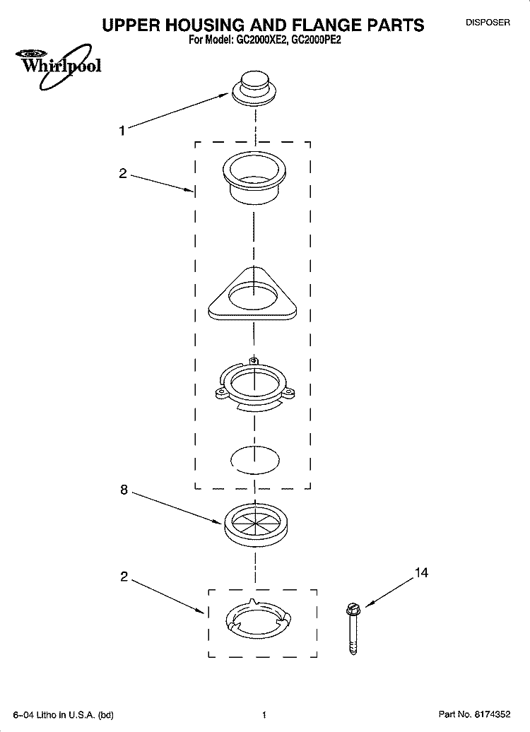 UPPER HOUSING AND FLANGE PARTS Diagram and Parts List for GC2000PE2  Whirlpool Food Waste Disposer