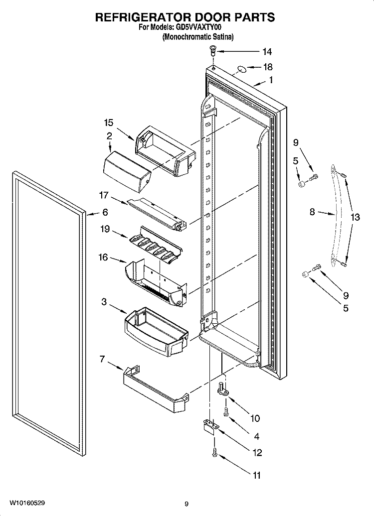 REFRIGERATOR DOOR PARTS Diagram and Parts List for GD5VVAXTY00  Whirlpool Refrigerator