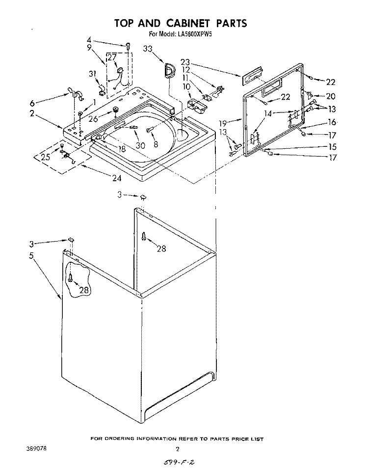 TOP AND CABINET , LITERATURE AND OPTIONAL Diagram and Parts List for LA5600XPW5  Whirlpool Washer