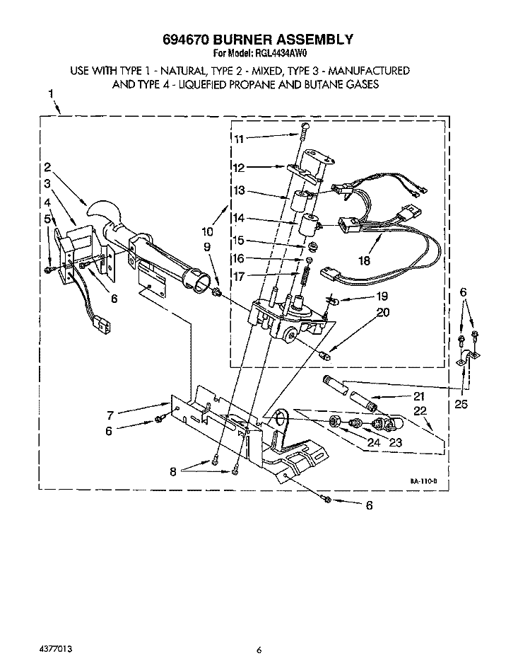 694670 BURNER ASSEMBLY Diagram and Parts List for RGL4434AL0  Roper Dryer