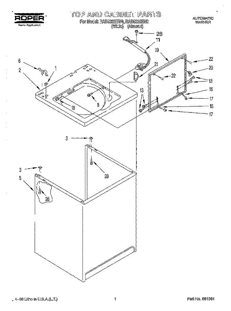 TOP AND CABINET Diagram and Parts List for RAB5232EW0  Roper Washer