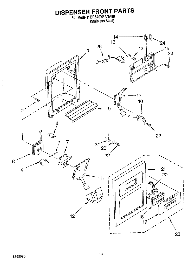 DISPENSER FRONT PARTS Diagram and Parts List for BRS70YRANA00  Whirlpool Refrigerator