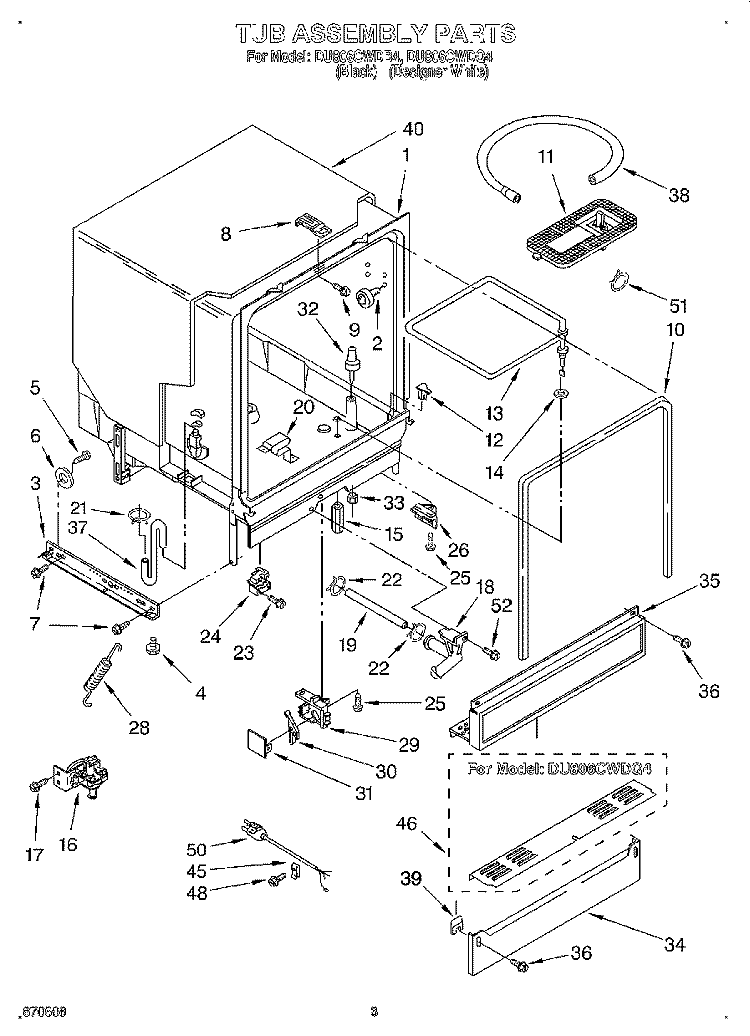 TUB ASSEMBLY Diagram and Parts List for DU806CWDQ4  Whirlpool Dishwasher