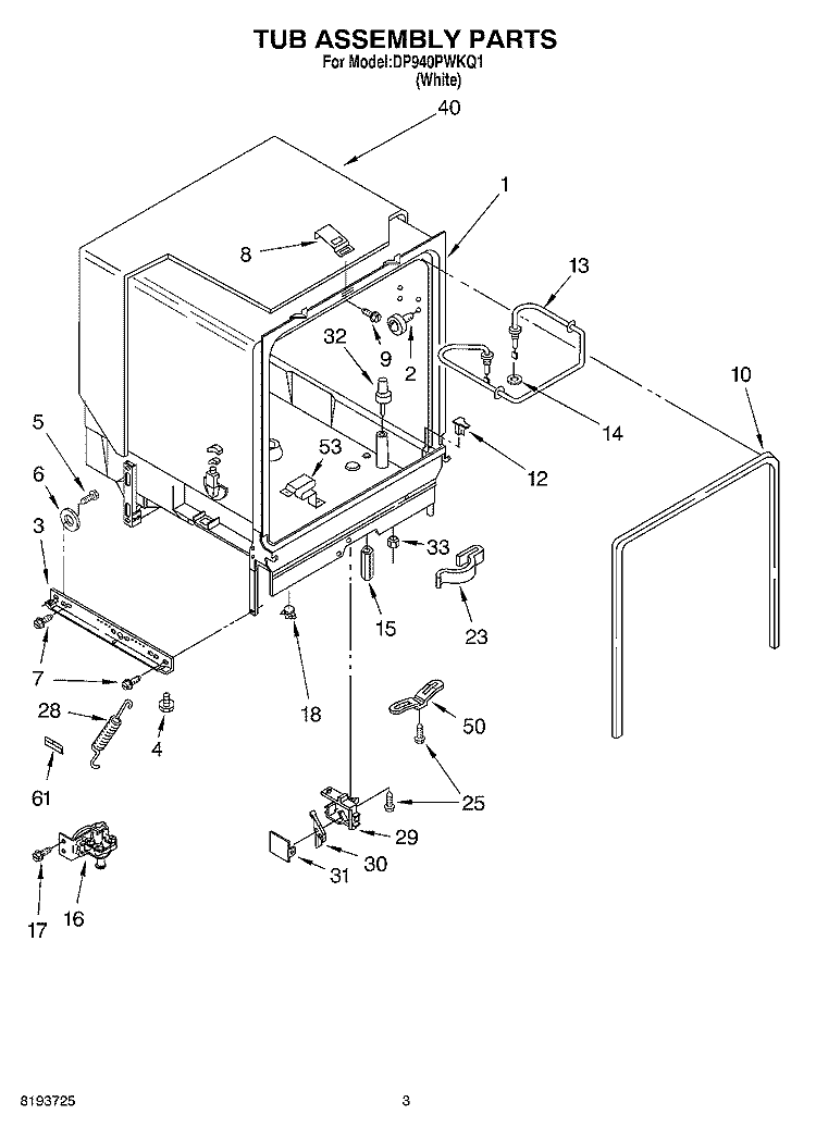 TUB ASSEMBLY Diagram and Parts List for DP940PWKQ1  Whirlpool Dishwasher