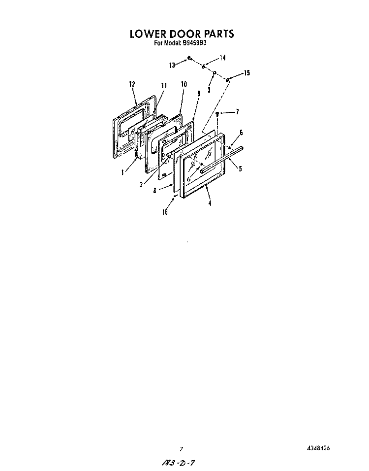LOWER DOOR Diagram and Parts List for B9458B3  Roper Wall Oven
