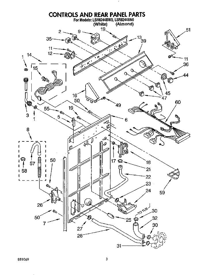 CONTROLS AND REAR PANEL Diagram and Parts List for LSR8244BW0  Whirlpool Washer